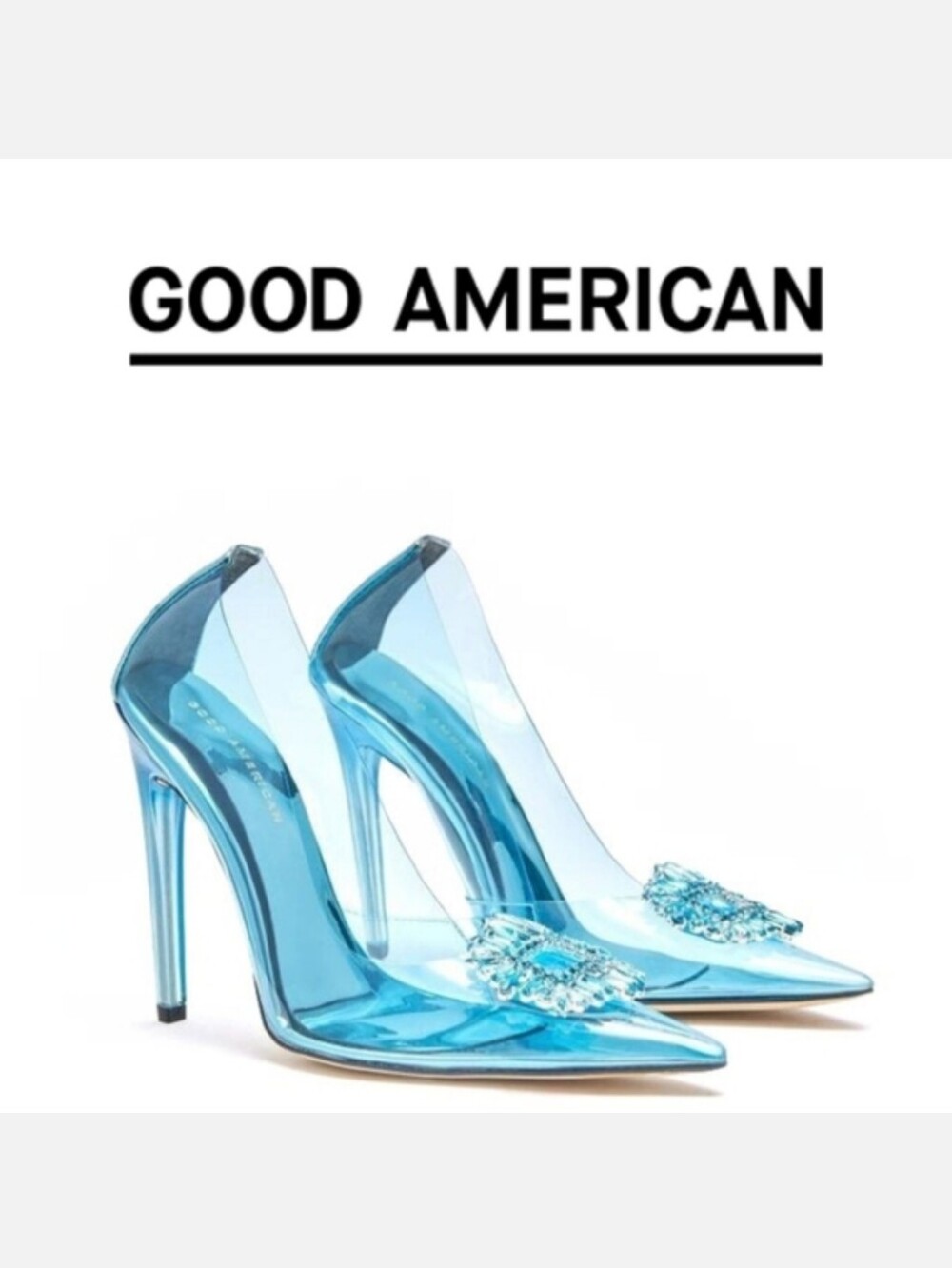 Good American Blue Crystal-Embellished Pointed Lucite Stiletto Heel - Size 7 - Picture 2 of 8